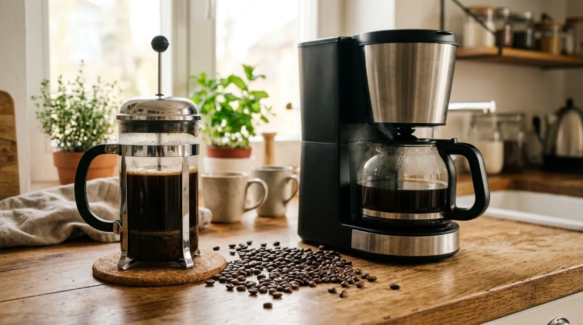 A French press and a drip coffee maker side by side on a kitchen counter