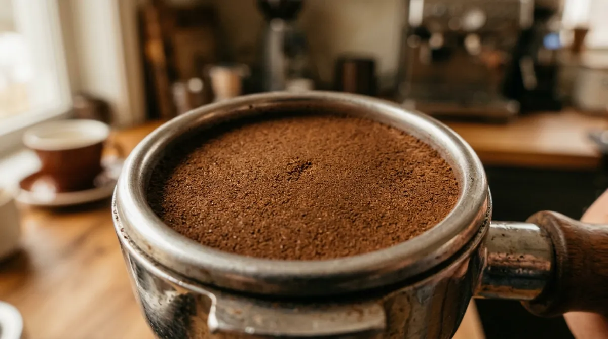 Macro of very fine espresso grounds like powdered sugar