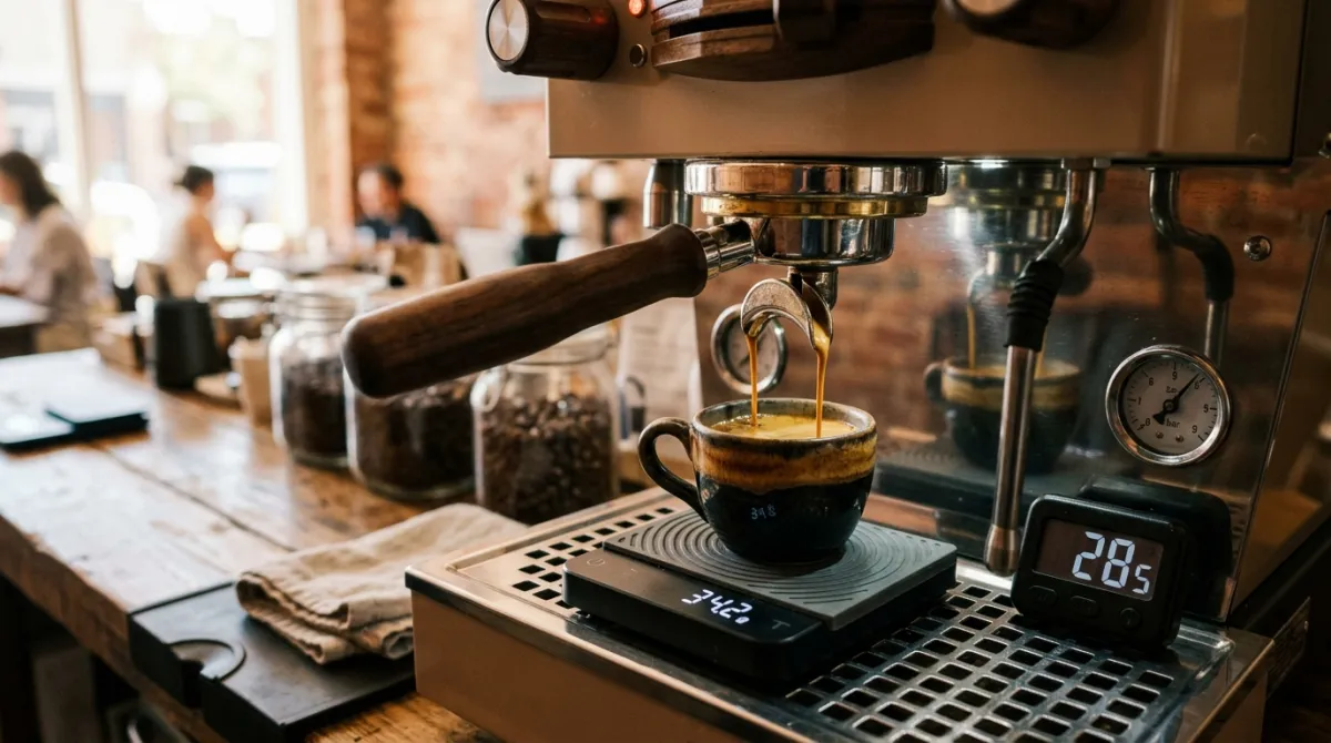 An espresso shot being weighed on a scale with a timer
