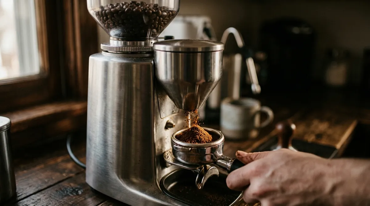 A burr espresso grinder grinding fresh coffee into a portafilter