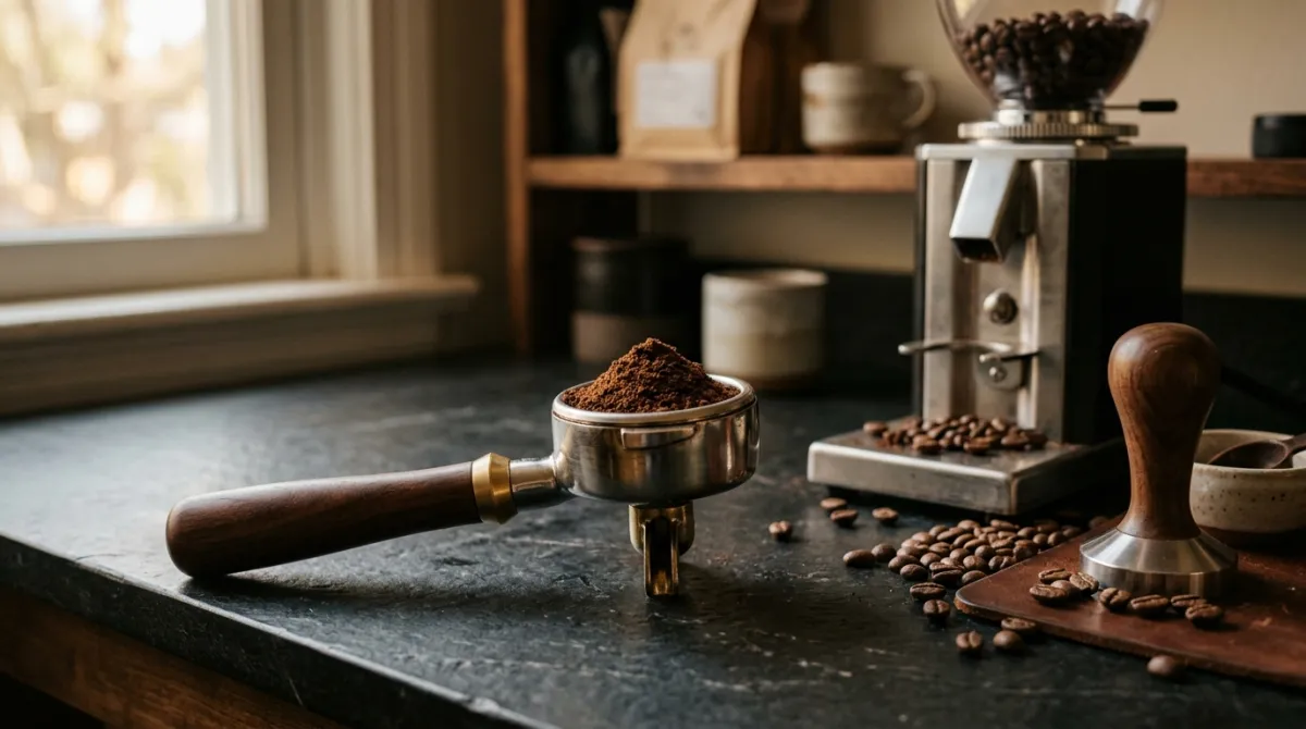 Very fine espresso grounds in a portafilter next to a grinder