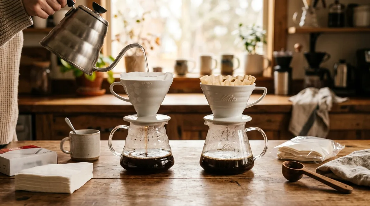 A V60 cone dripper and a flat-bottom Kalita dripper side by side