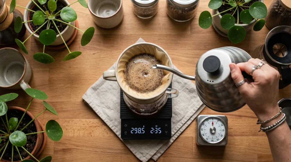 A pour over brewing on a scale with a timer running