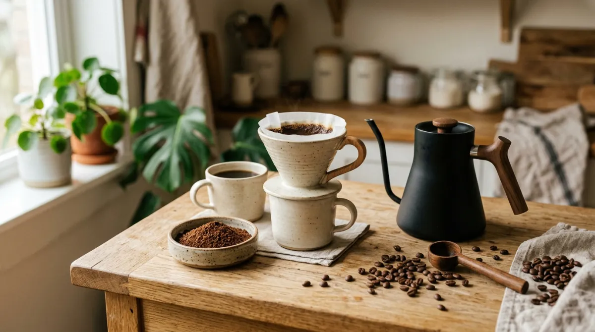 Medium-fine coffee grounds beside a pour over dripper and gooseneck kettle