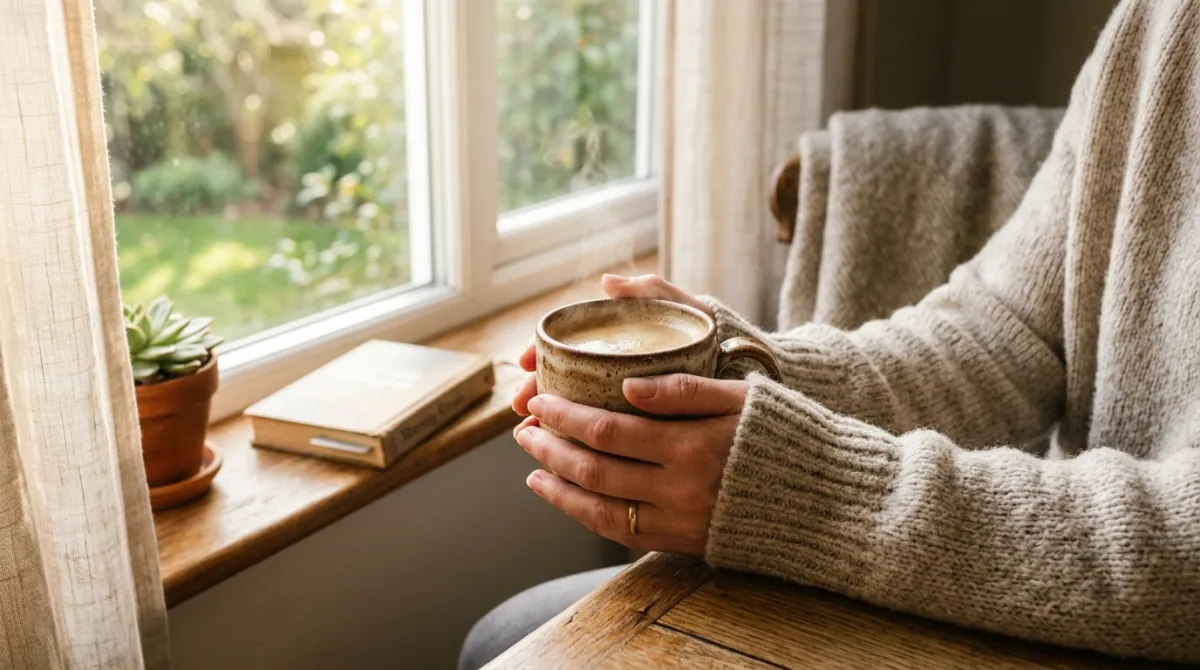A person holding a warm cup of coffee feeling alert in the morning
