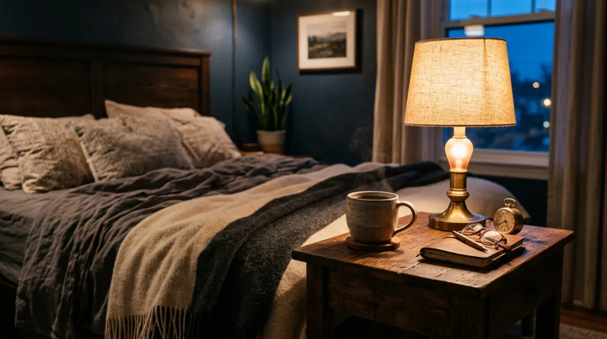 A cup of coffee on a nightstand in the evening