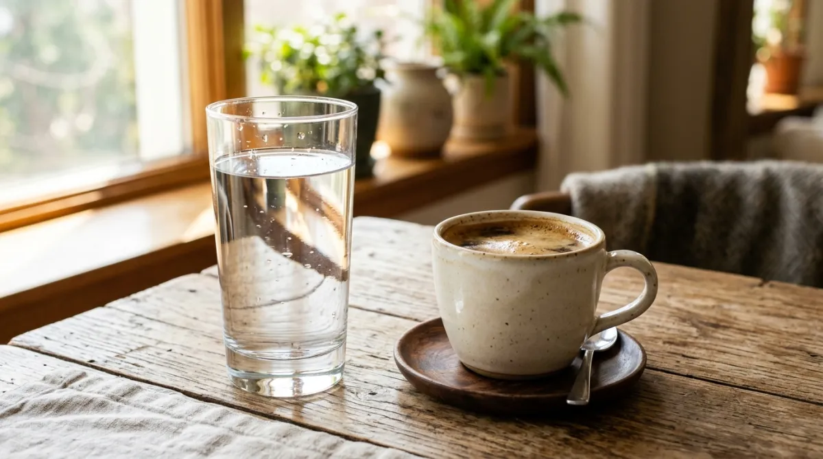 A glass of water beside a cup of coffee on a table