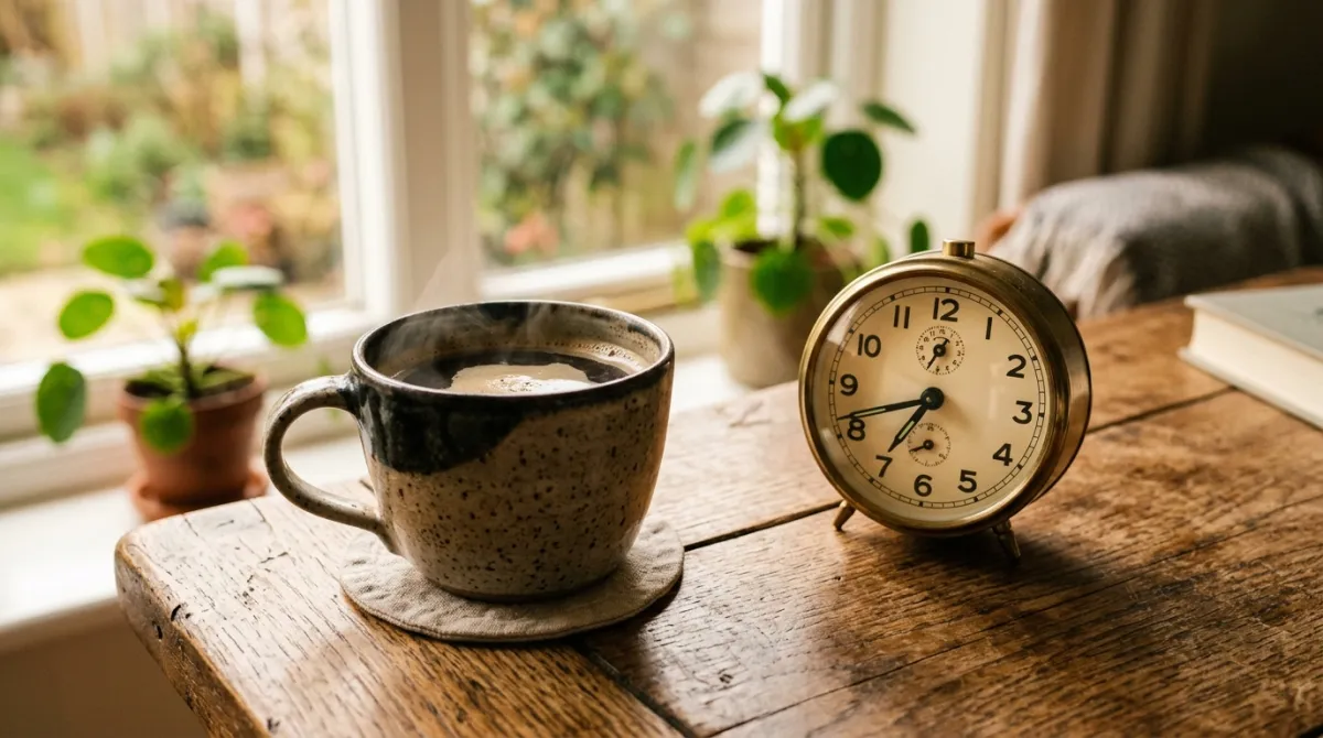 A steaming mug of freshly brewed black coffee resting on a wooden kitchen counter in morning light.