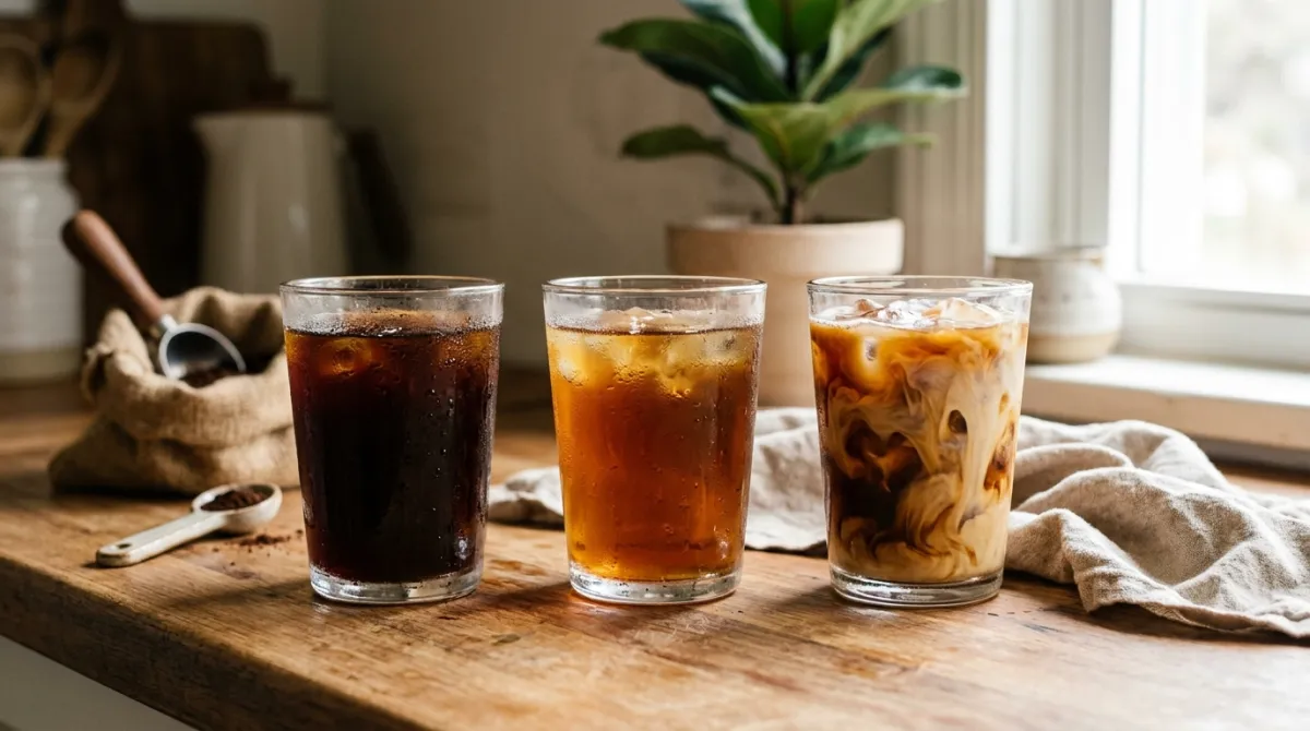 Three glasses: cold brew concentrate, diluted, and with milk