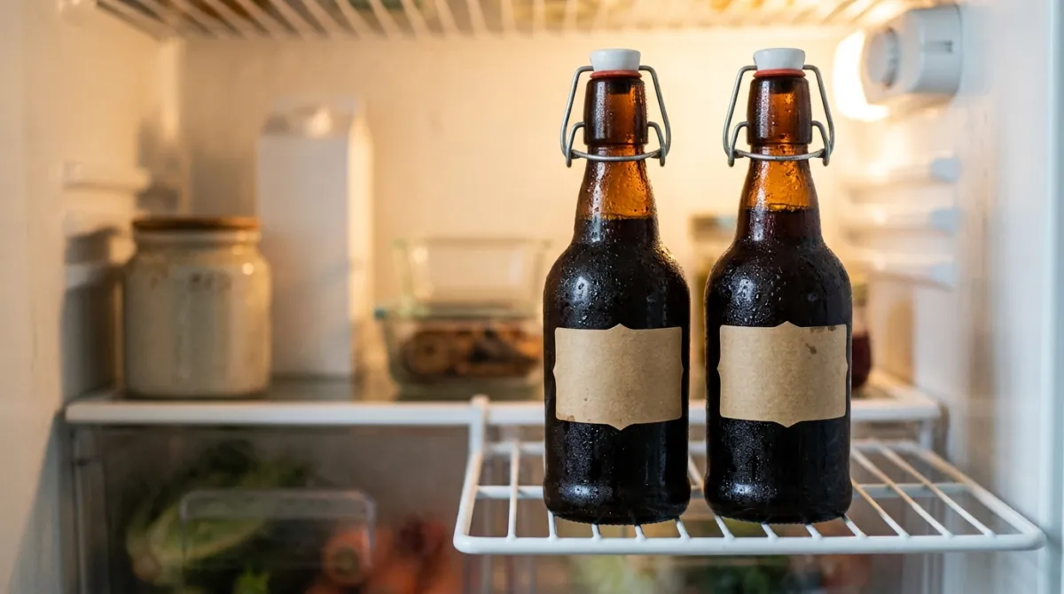 Sealed bottles of cold brew coffee on a fridge shelf