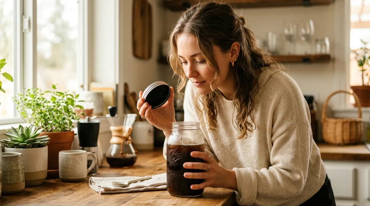 A person checking the smell of a jar of cold brew