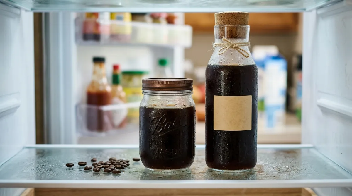 A sealed jar of cold brew coffee stored on a refrigerator shelf