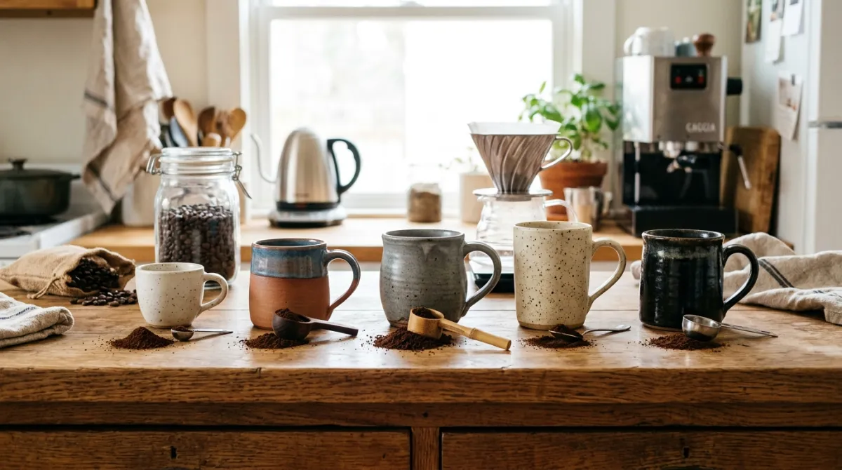 Mugs of different sizes with scoops of ground coffee