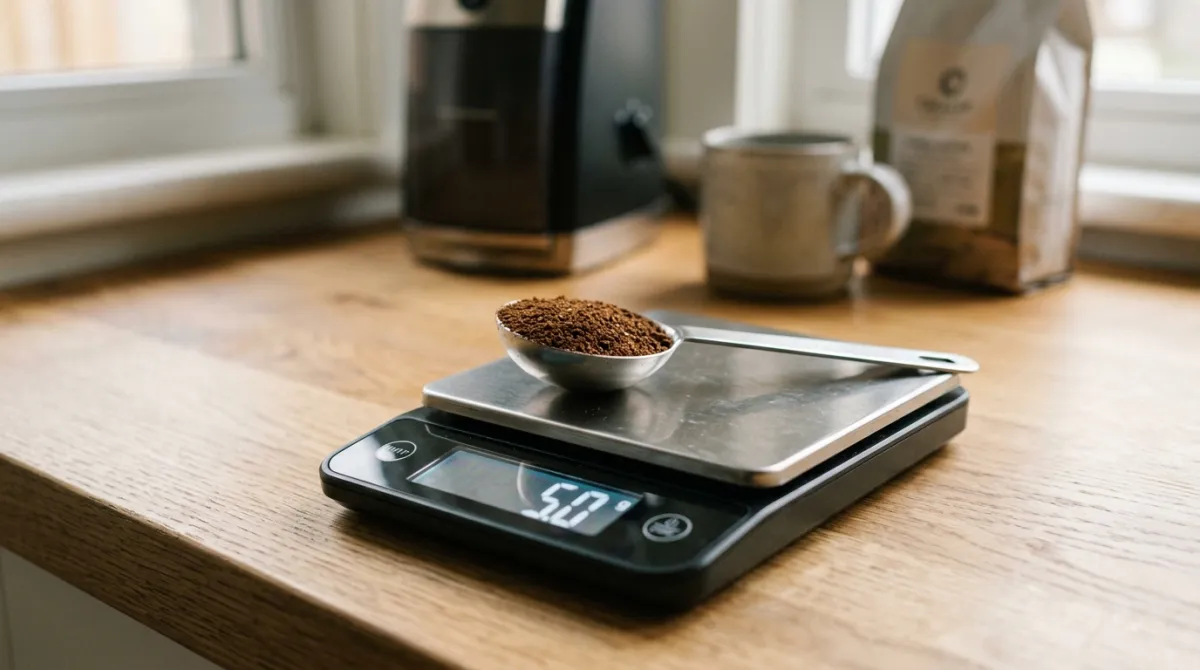 A tablespoon of ground coffee on a scale reading about 5 grams