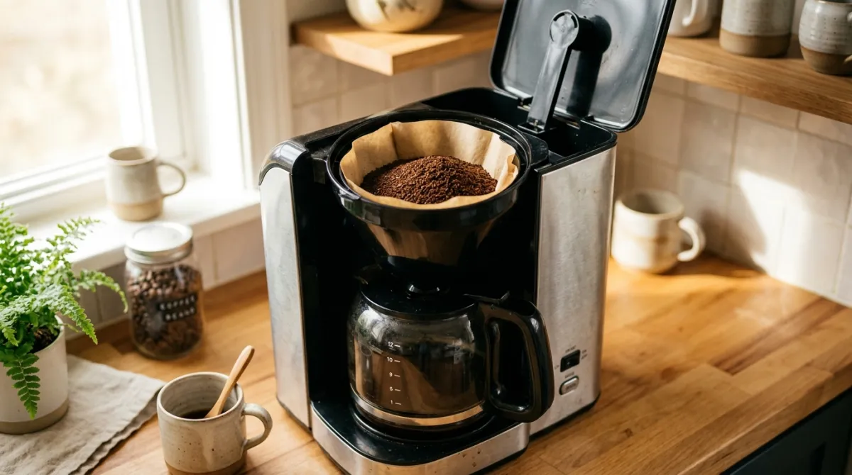 A drip coffee maker filter basket filled with measured grounds