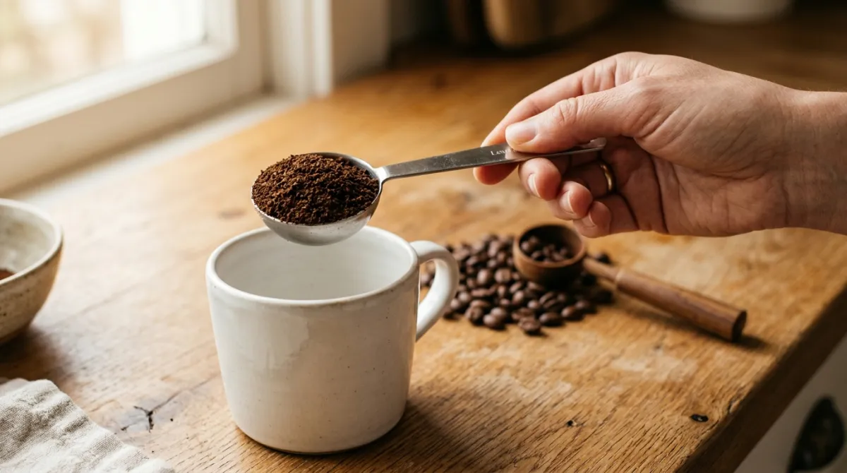 A level tablespoon of ground coffee held over a mug beside coffee beans