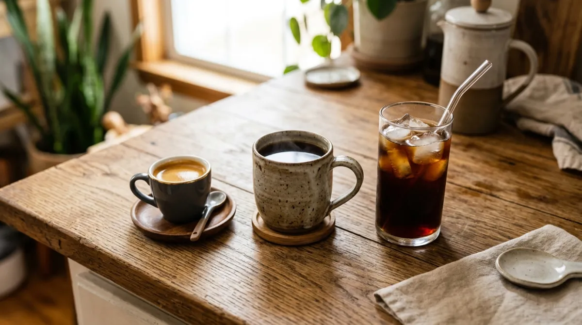A lineup of espresso, drip coffee and cold brew showing different serving sizes