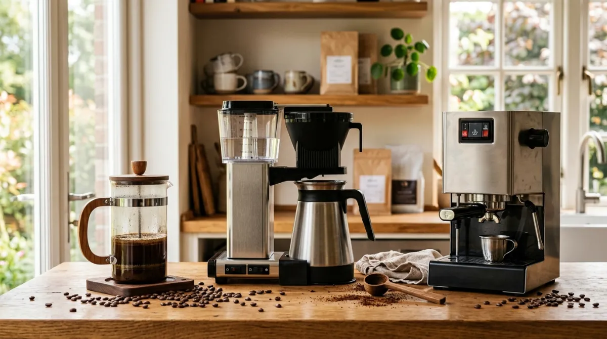 A French press, drip machine and espresso maker lined up together