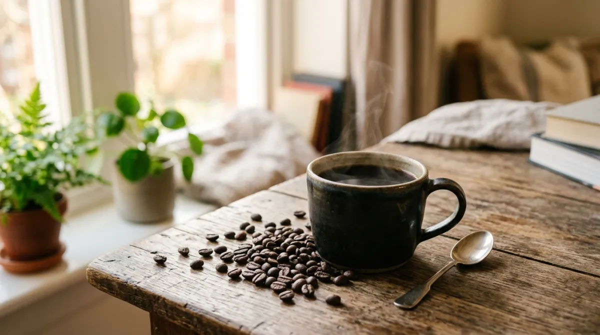 A freshly poured 8-ounce cup of black drip coffee resting on a wooden kitchen counter beside a scale.