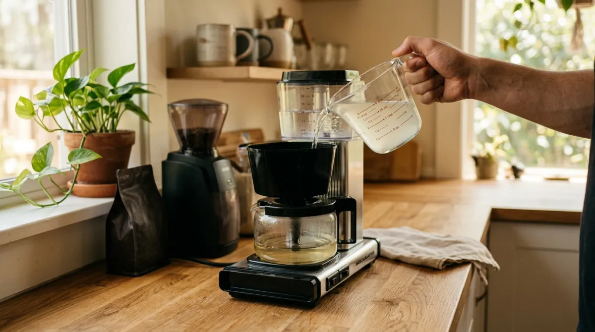 Vinegar and water being poured into a drip coffee maker reservoir