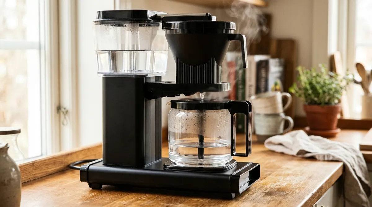 Fresh water running through a coffee maker into a glass carafe