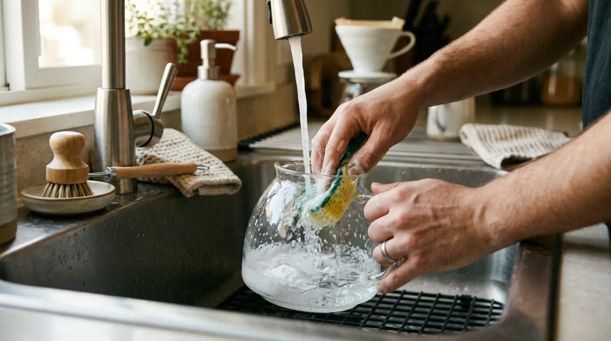 A glass coffee carafe being scrubbed with baking soda paste