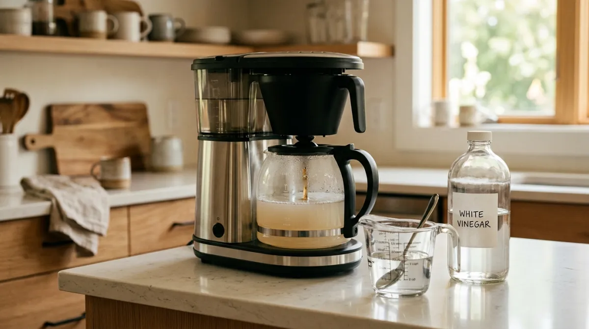 White vinegar and a drip coffee maker being cleaned on a kitchen counter