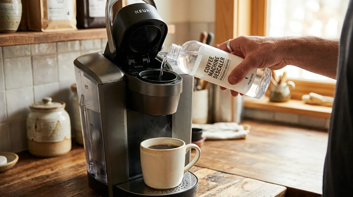 A bottle of descaling solution beside a pod coffee machine