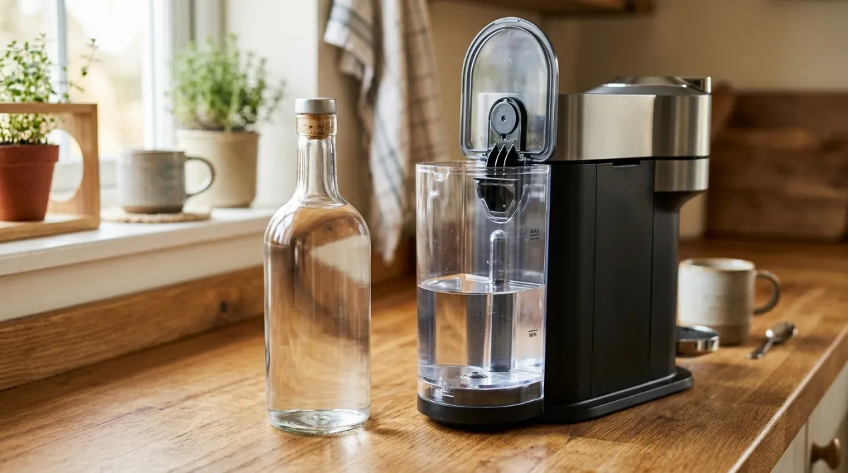 A bottle of white vinegar beside a pod machine reservoir