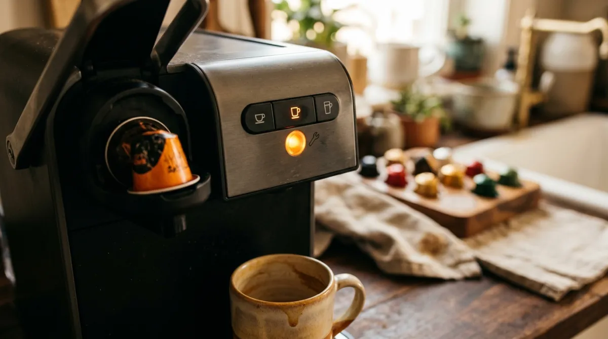 Close-up of a pod coffee machine control panel with a lit descale light