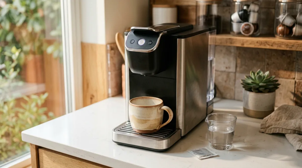 Descaling liquid being poured into a Keurig water reservoir on a kitchen counter