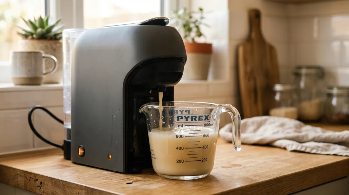 A capsule espresso machine draining descaling liquid into a measuring jug