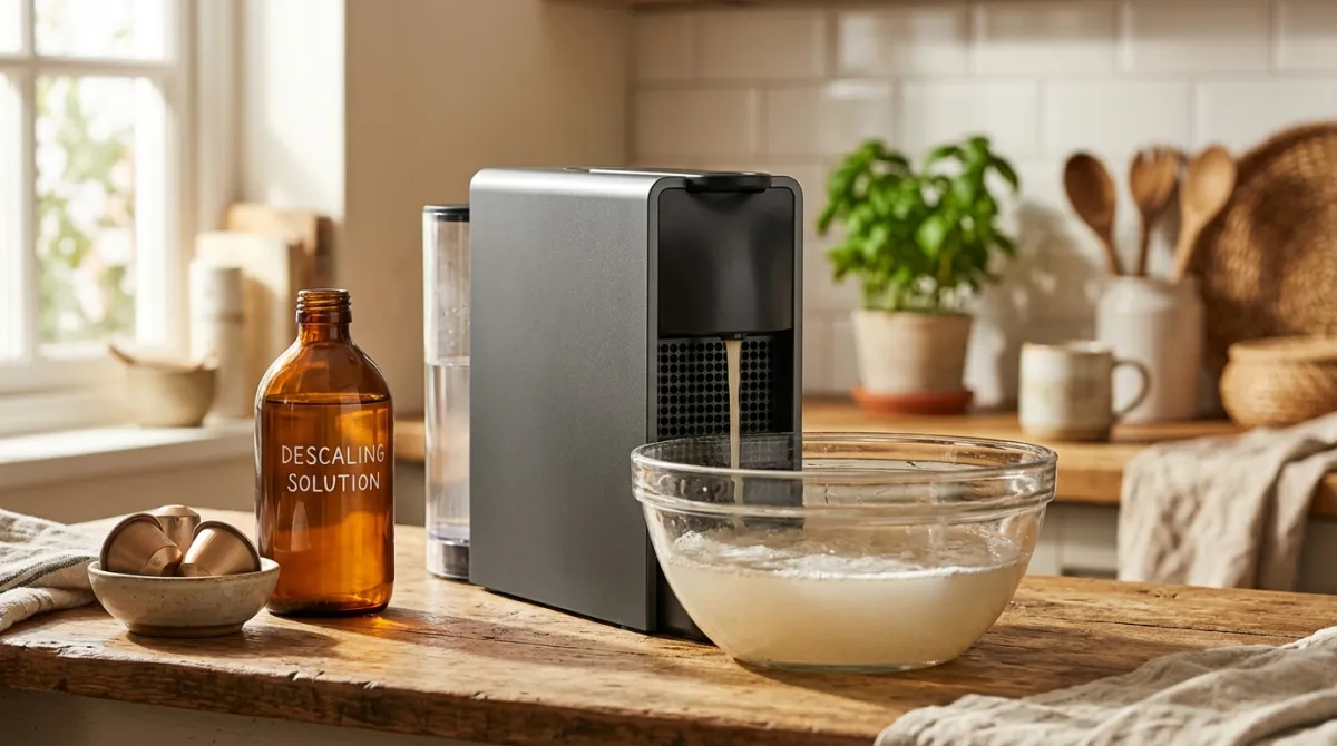 A Nespresso machine on a kitchen counter with a bottle of descaling solution and a large mug positioned under the coffee spout.
