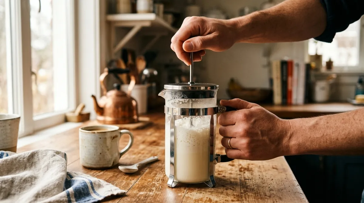 Frothing milk by pumping the plunger of a French press