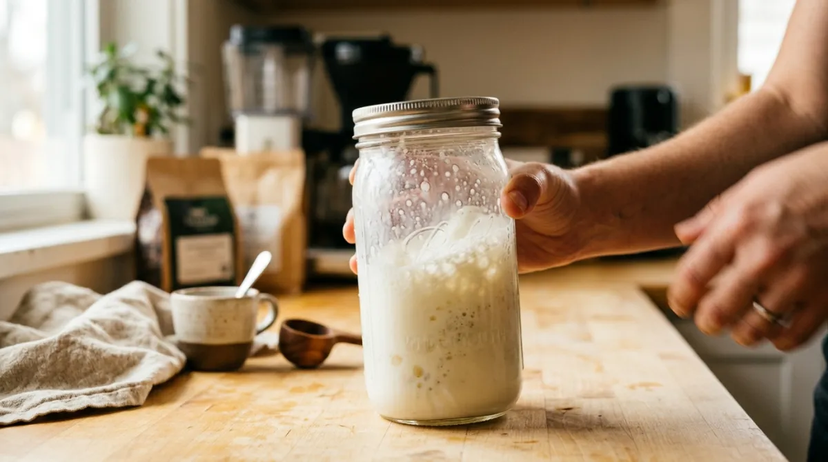 Shaking warm milk in a sealed mason jar to froth it