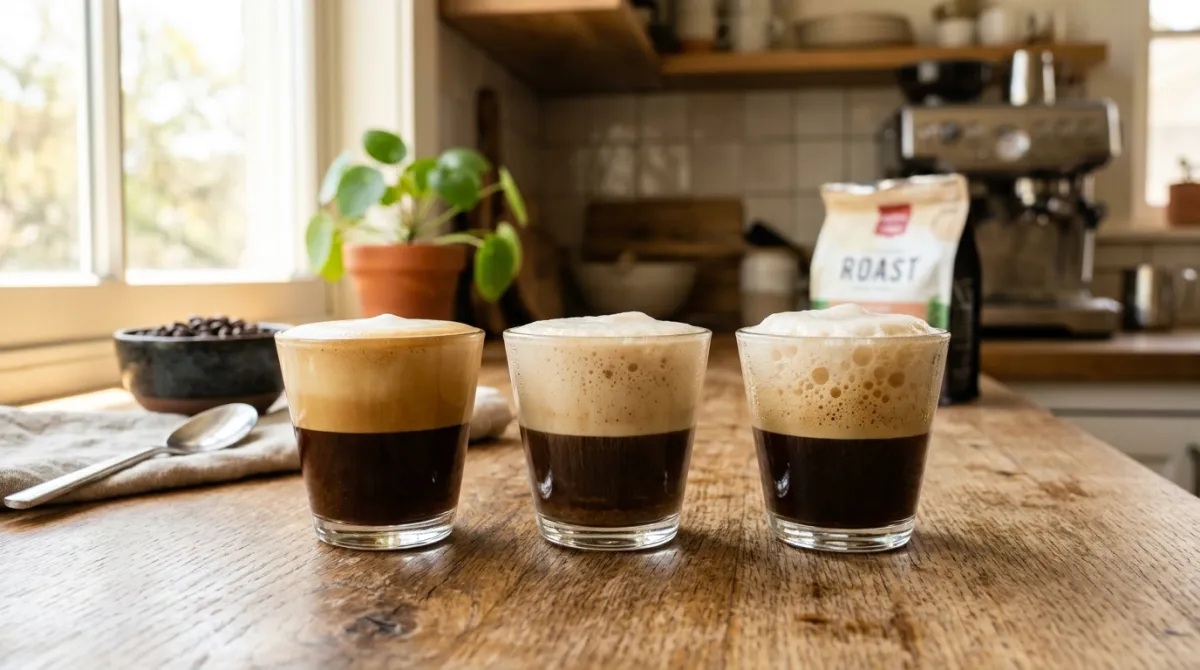 Frothed foam from whole milk, oat milk and skim compared in glasses