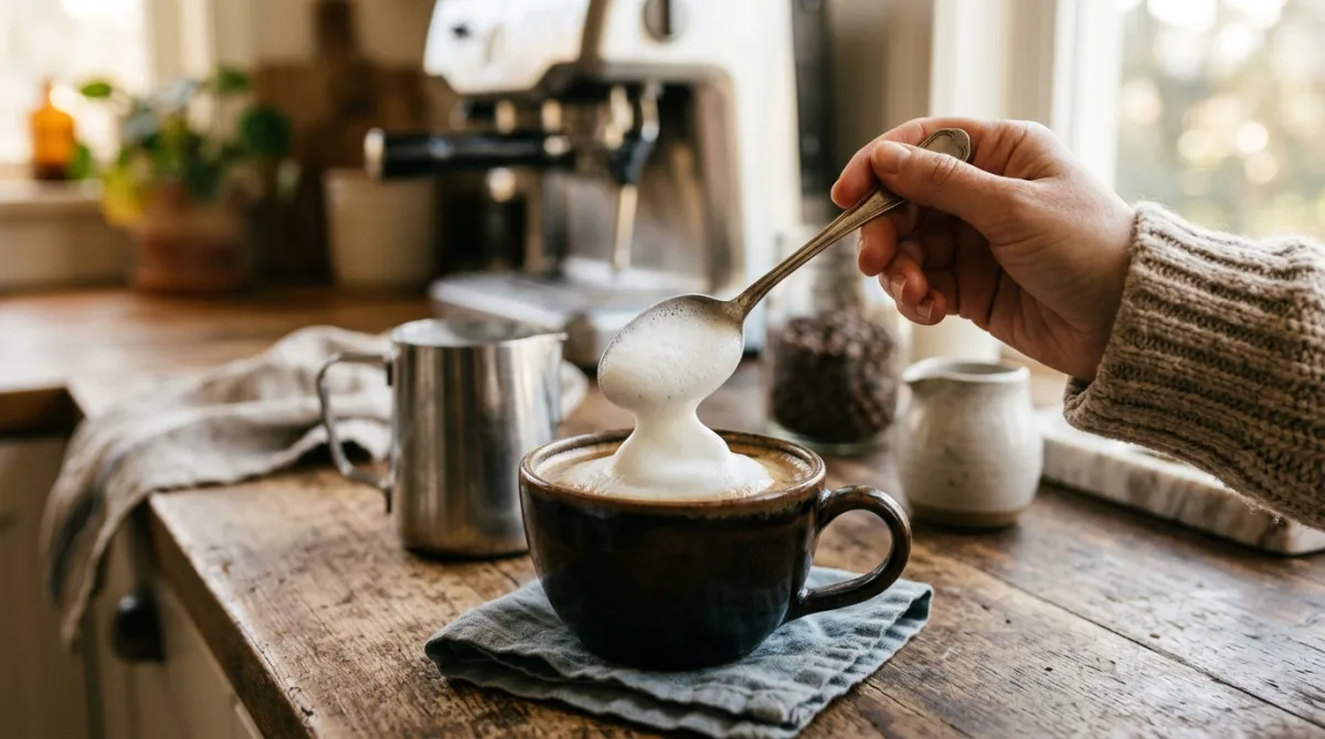 A glass pitcher of glossy frothed whole milk beside a hand whisk on a kitchen counter.