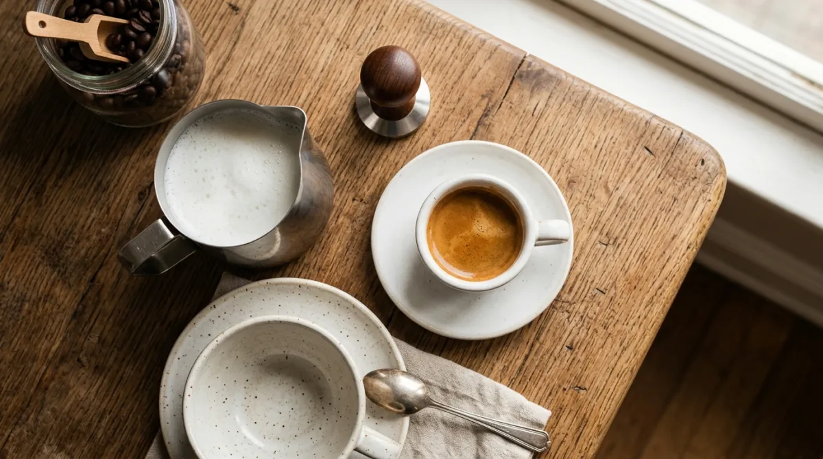 Flat lay of espresso, milk pitcher and a cup for a cappuccino