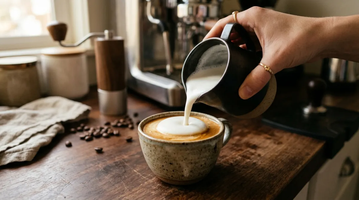Pouring frothed milk onto a shot of espresso to build a cappuccino