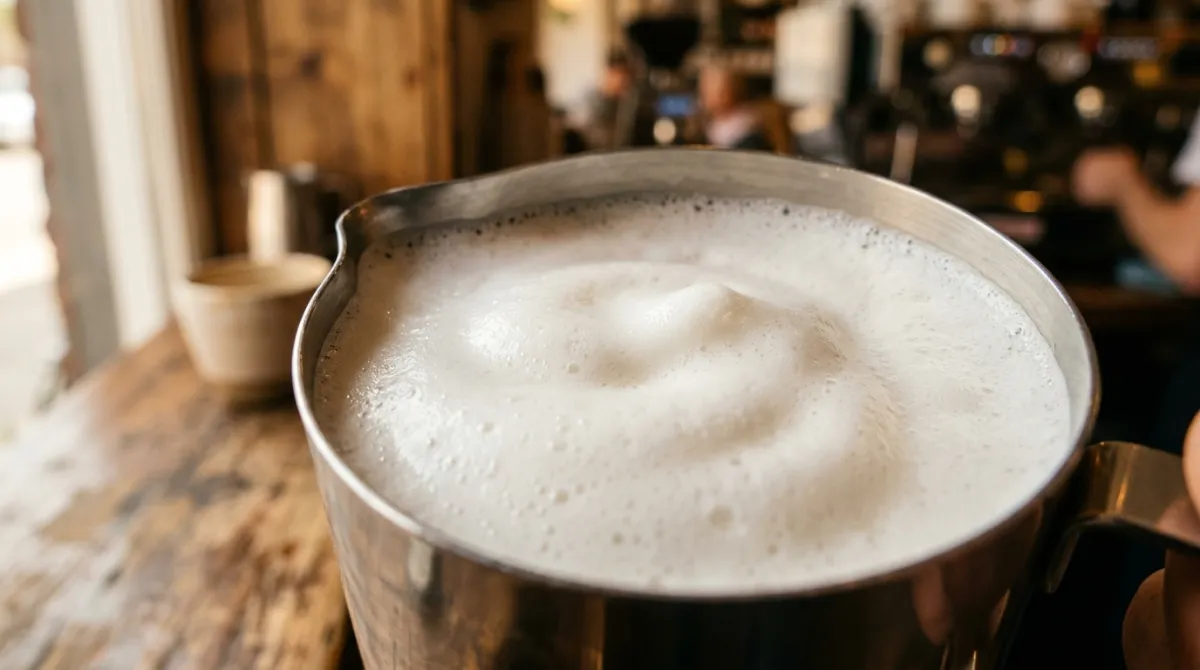 Close-up of thick airy cappuccino milk foam