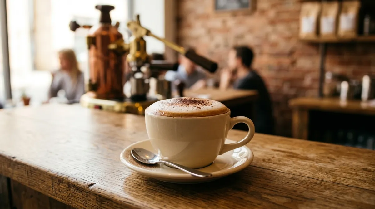 A porcelain cappuccino cup with a thick dome of milk foam sitting on a wooden counter beside an espresso machine.