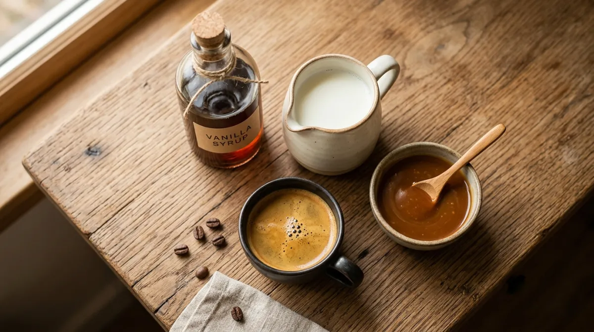 Vanilla syrup, milk, espresso and caramel sauce for a caramel macchiato