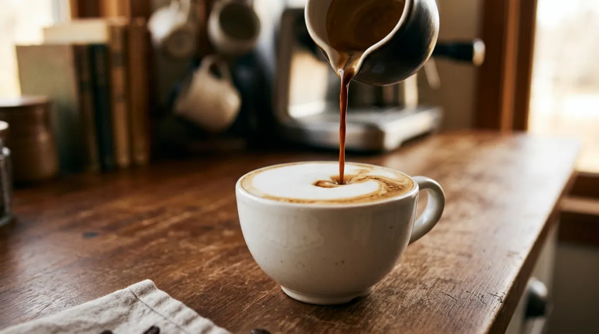 Espresso being poured on top of vanilla steamed milk