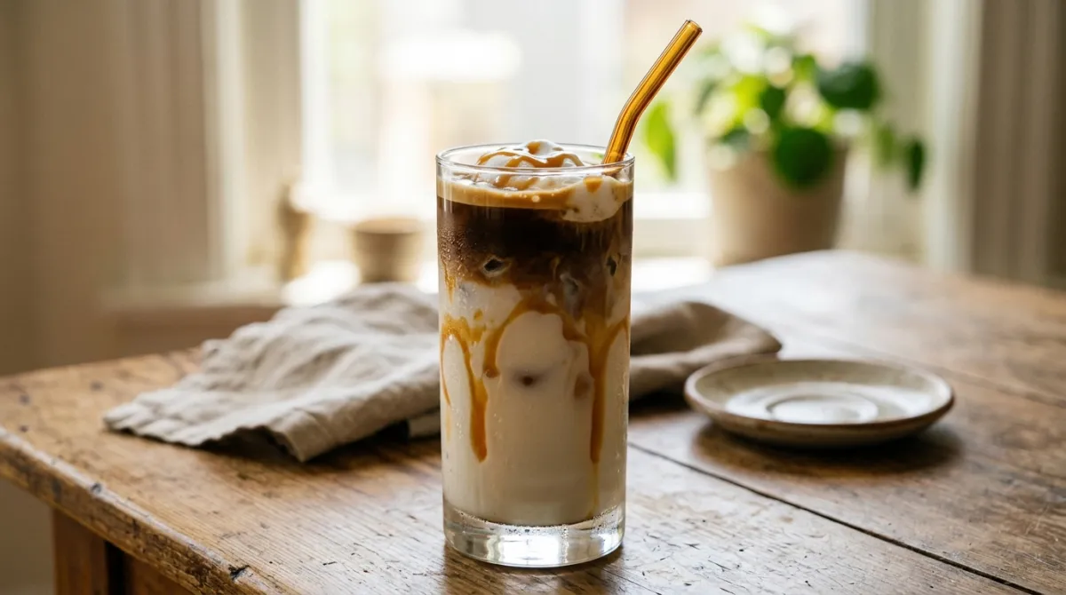 An iced caramel macchiato with caramel drizzle over ice