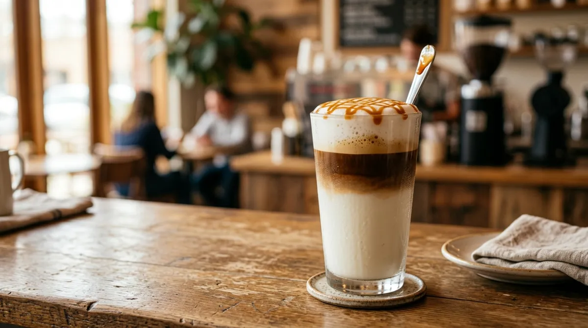 A tall glass caramel macchiato with a golden caramel drizzle over foamed milk on a wooden cafe counter.