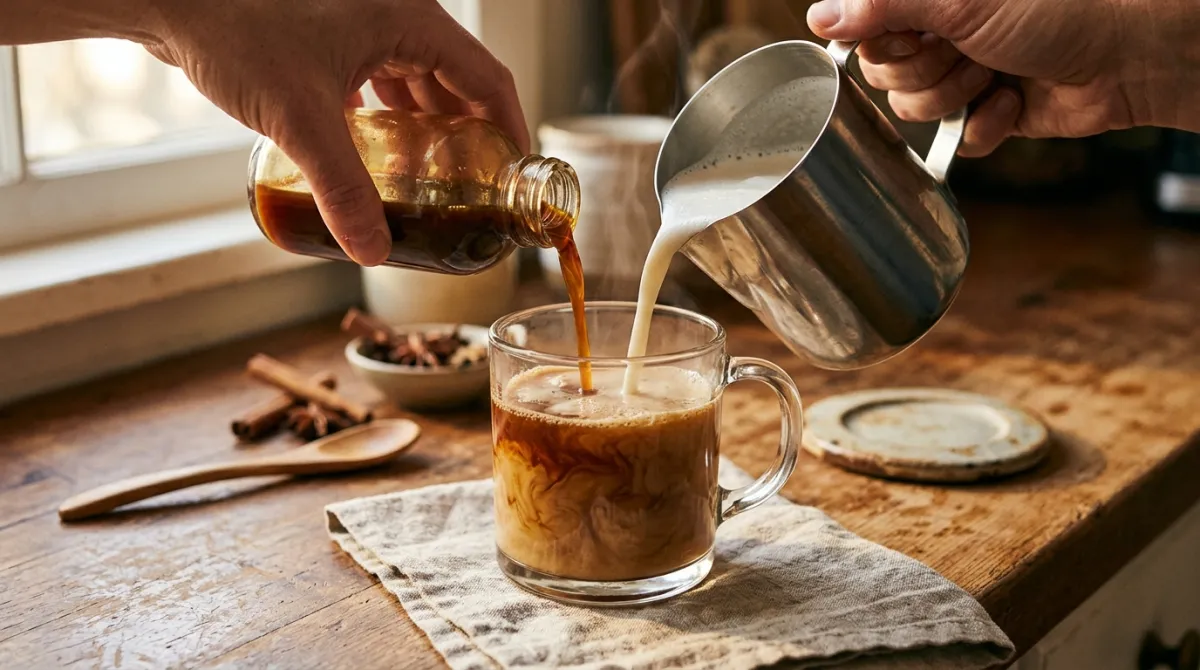 Pouring chai concentrate and milk into a mug