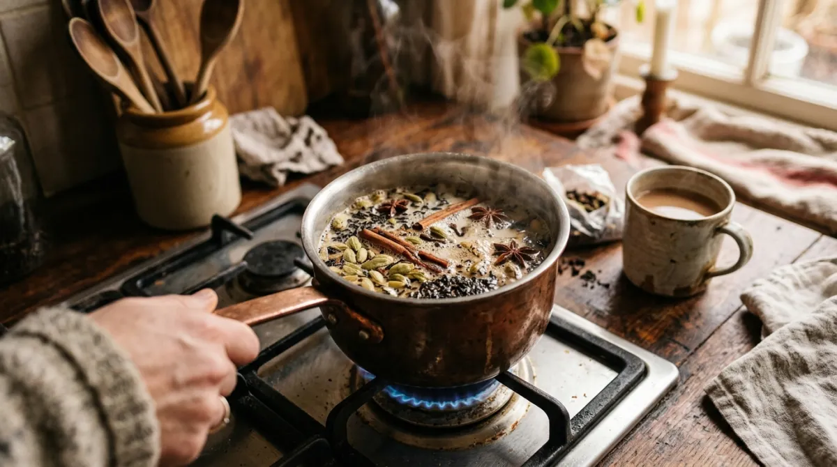 Whole chai spices simmering in a pan with tea and milk