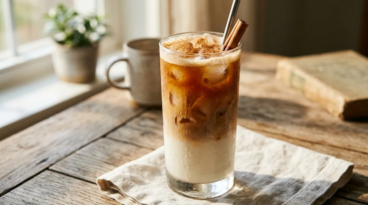 An iced chai latte layered over ice in a tall glass