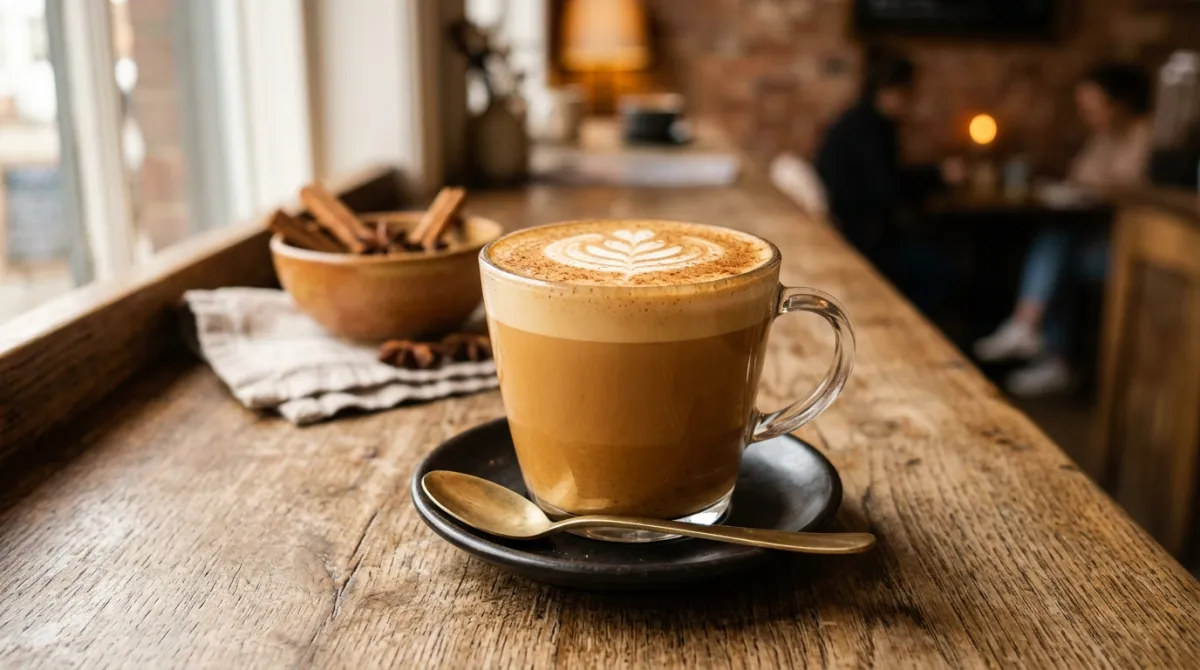 A glass mug of frothy chai latte dusted with cinnamon beside loose whole spices on a wooden counter.