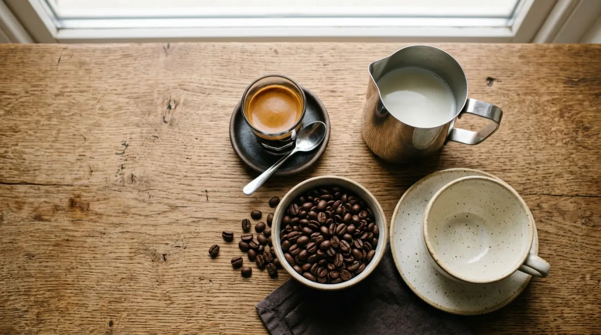 Flat lay of espresso, a milk pitcher, fresh beans and a cup for making a latte
